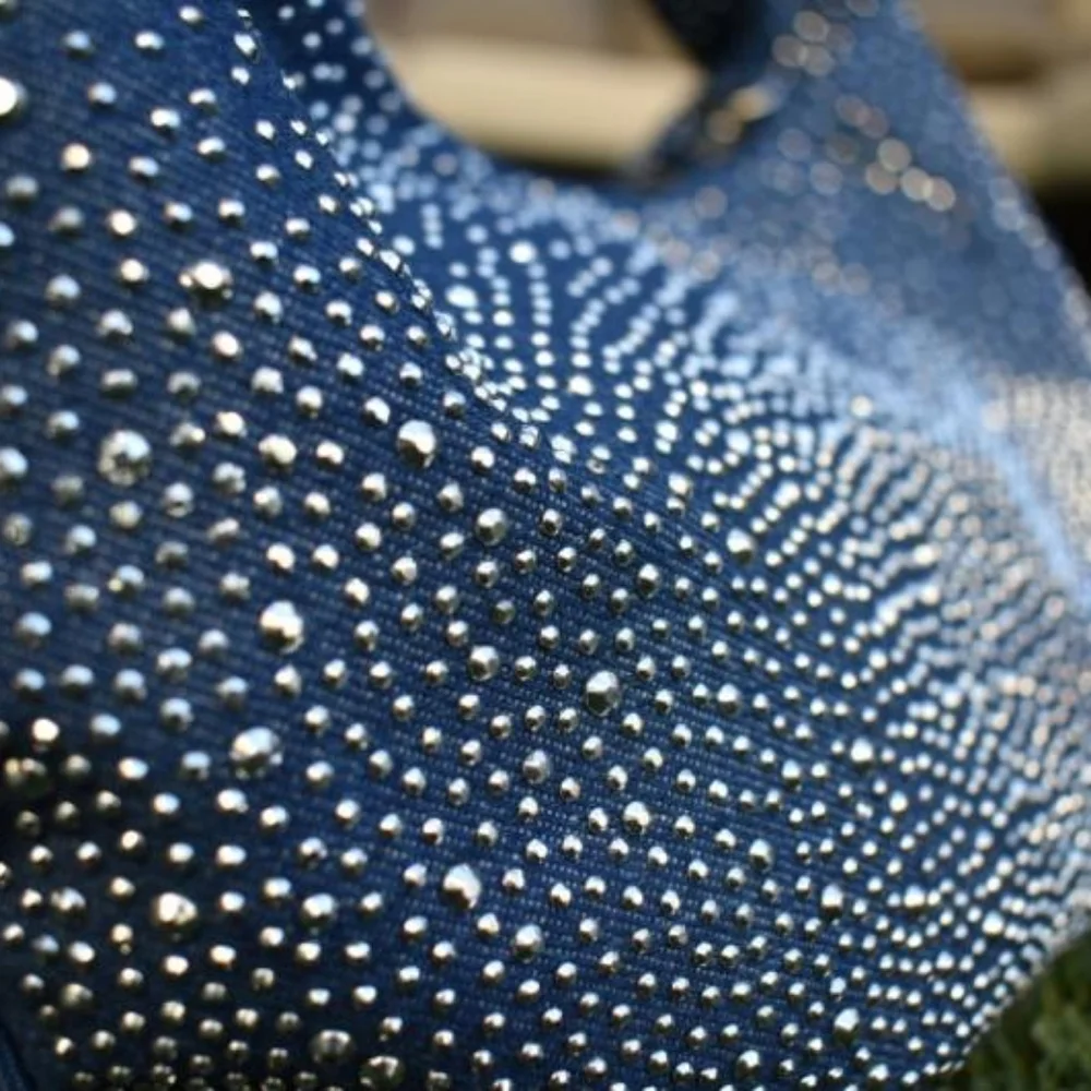 Women's Embellished Denim Studded Zipper Hobo Bag